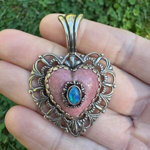 CAROLYN POLLACK Sterling Silver Rhodonite & Opal TE AMO Heart Pendant Vintage